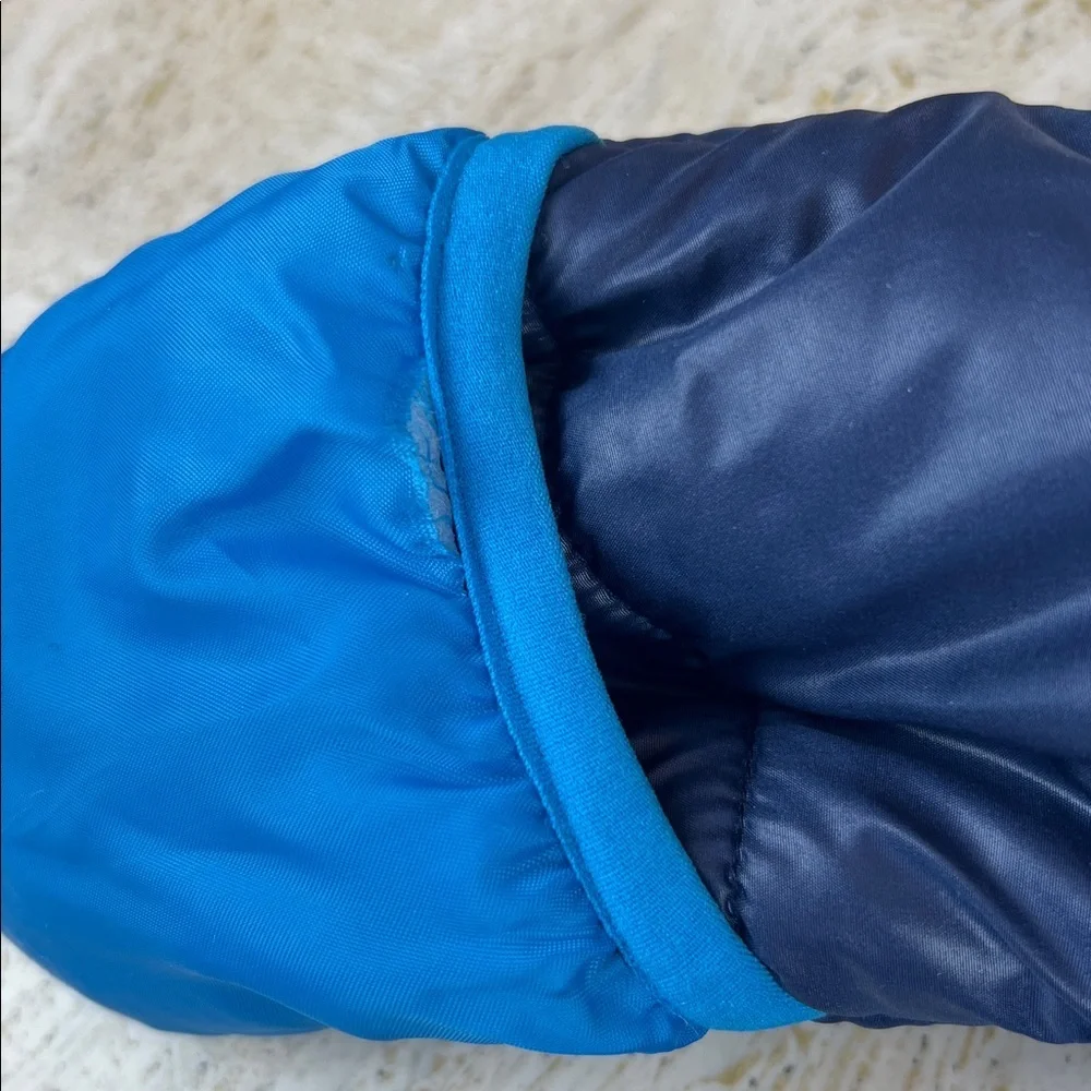 Carter’s baby snowsuit blue camo zip up size 6-9 months fold over hands / feet